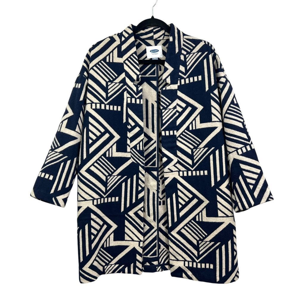 Old Navy Women Long Jacket Open Front 3/4 Sleeve Geometric Print Navy Cream M*